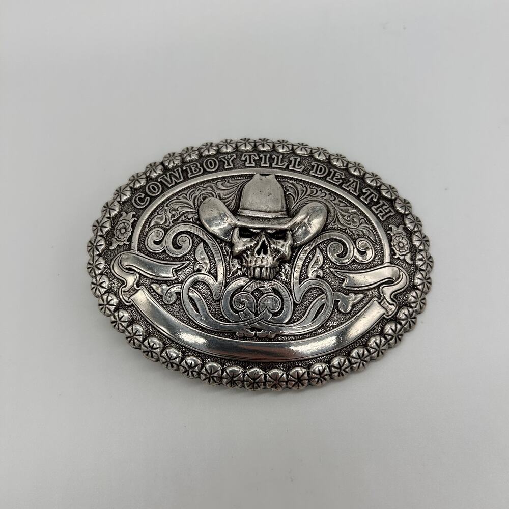 Cowboy Till Death Western Skull Belt Buckle Silver Tone Crumrine Floral Men's